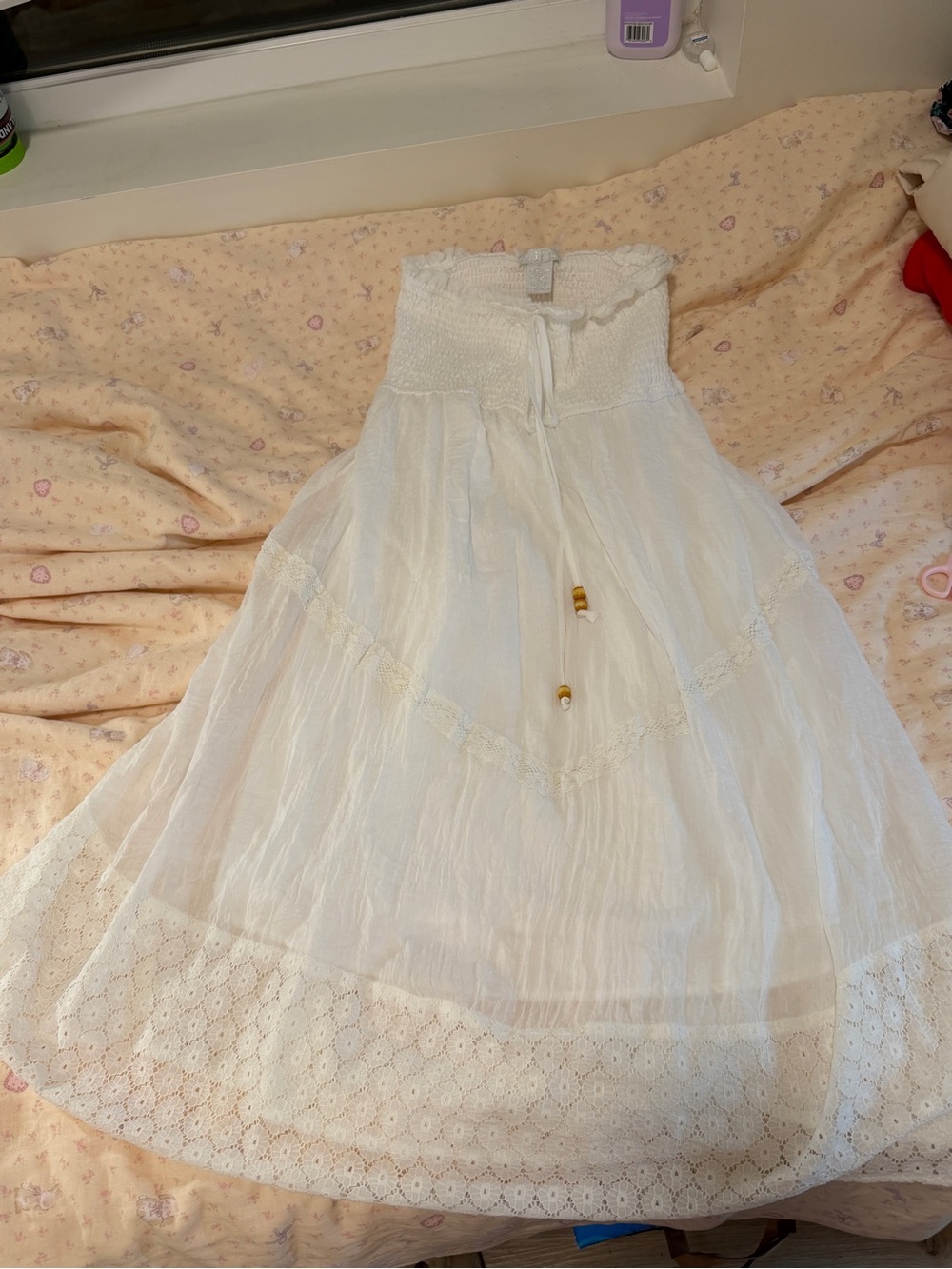 NWOT White Boho Maxi Skirt - Smocked Waist, Lace Trim